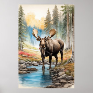 Poster *~* AP49 MOOSE Rocks Stream Forest Nature