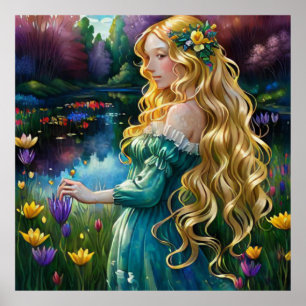 Poster *~ AP56 Fleurs d'étang de cascade de femme blonde 