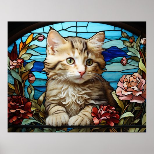 Poster *~* AP68 5:4 Chat Félin Kitty Chaton Vitrail (Devant)