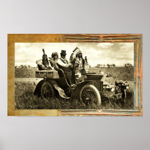 POSTER APACHES ET GERONIMO CONDUISANT UNE VOITURE À MOTEU