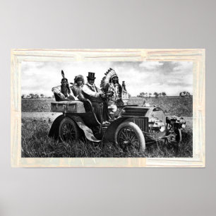 POSTER APACHES ET GERONIMO CONDUISANT UNE VOITURE À MOTEU