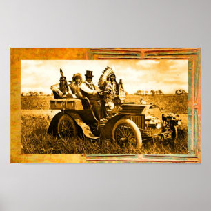 POSTER APACHES ET GERONIMO CONDUISANT UNE VOITURE À MOTEU