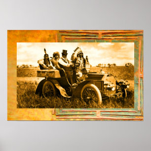POSTER APACHES ET GERONIMO CONDUISANT UNE VOITURE À MOTEU