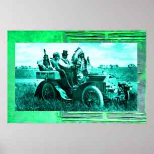 POSTER APACHES ET GERONIMO CONDUISANT UNE VOITURE À MOTEU