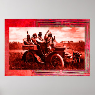 POSTER APACHES ET GERONIMO CONDUISANT UNE VOITURE À MOTEU