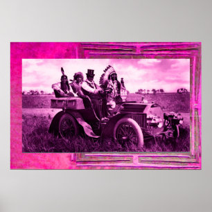 POSTER APACHES ET GÉRONIMO CONDUISANT UNE VOITURE AUTOMOB