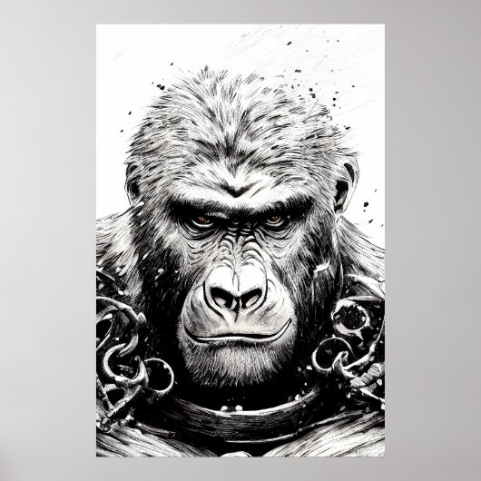 Poster Ape Monkey Wild Nature Illustration Line Art épiqu (Devant)