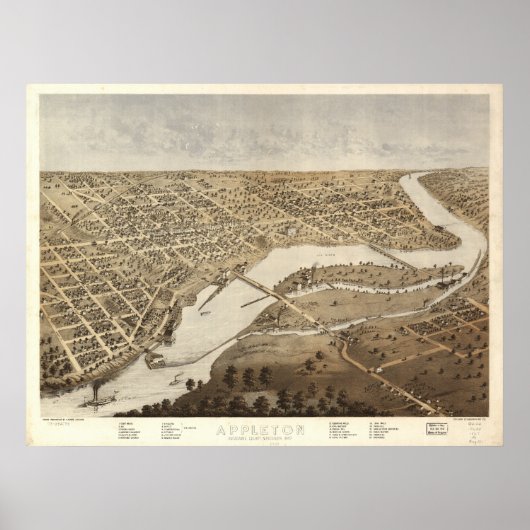 Poster Appleton Wisconsin 1887 Antique carte panoramique (Devant)