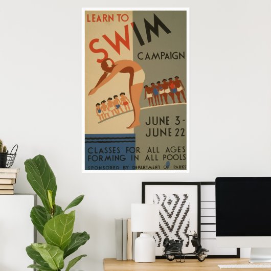 Poster Apprenez À Nager NYC 1940 WPA (Bureau à domicile)