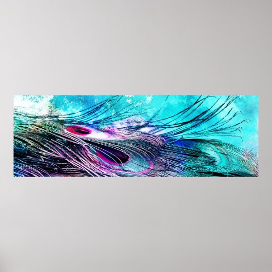 Poster Aqua Abstrait et Magenta Closeup Peacock Feathers (Devant)
