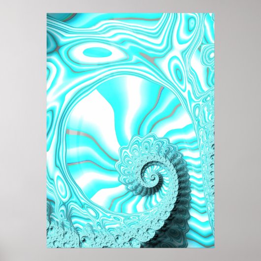 Poster Aqua Blue Nautilus Shell Spiral Fractal Abstrait (Devant)