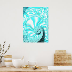 Poster Aqua Blue Nautilus Shell Spiral Fractal Abstrait
