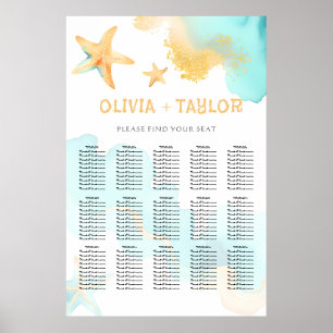 Poster Aqua et Or Aquarelle Mariage Plage Étoile de Mer