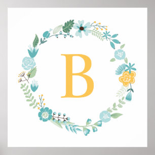 Poster Aqua et Yellow Monogramme Floral Wreath