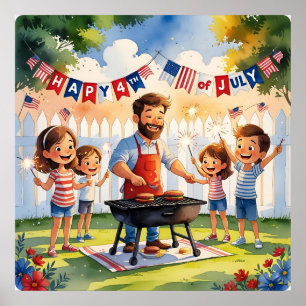 Poster Aquarelle 4 juillet famille BBQ