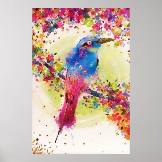 Poster Aquarelle à fleurs d'ornithologie dorée (Devant)