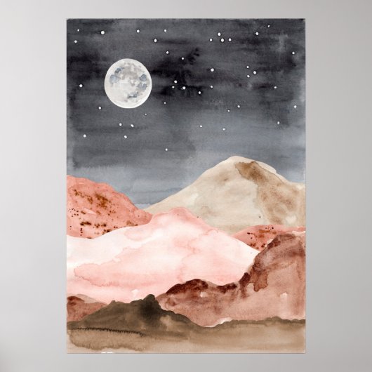 Poster Aquarelle abstraite nuit lune paysage désertique (Devant)