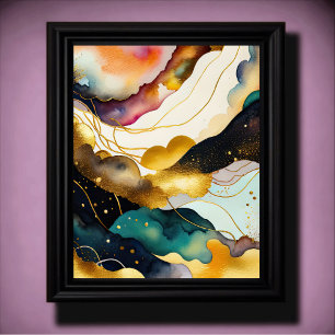 Poster Aquarelle Abstraite peinture biologique Or 4:5