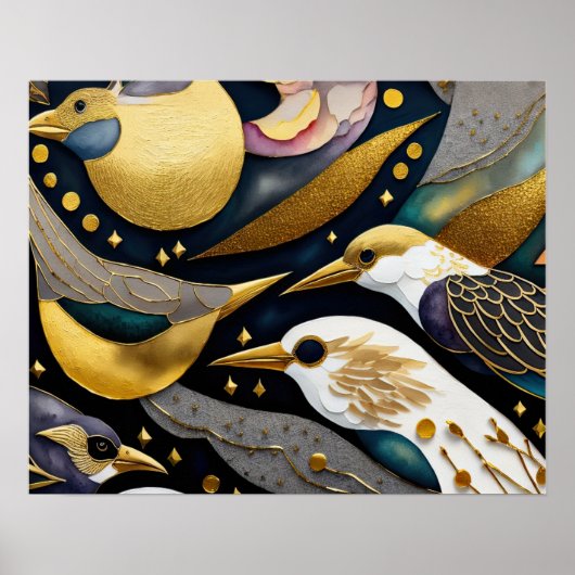 Poster Aquarelle Abstraite Peinture des oiseaux 5:4 (Devant)