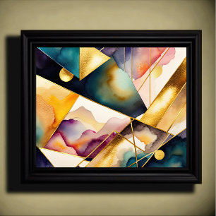 Poster Aquarelle Abstraite peinture géométrique Or 5:4