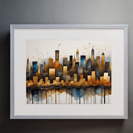 Poster Aquarelle Abstraite Peinture Gold Cityscape 4:3