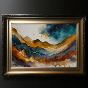 Poster Aquarelle Abstraite Peinture Paysage Or 3:2