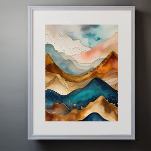 Poster Aquarelle Abstraite Peinture Paysage Or 3:4