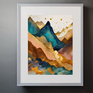 Poster Aquarelle Abstraite Peinture Paysage Or 3:4