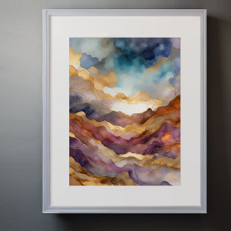 Poster Aquarelle Abstraite Peinture Paysage Or 3:4