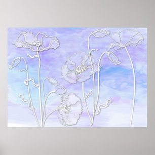 Poster Aquarelle Abstraite violette et bleue et pavots 3
