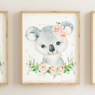 Poster Aquarelle Adorable Koala Blush Pink Floral Wall