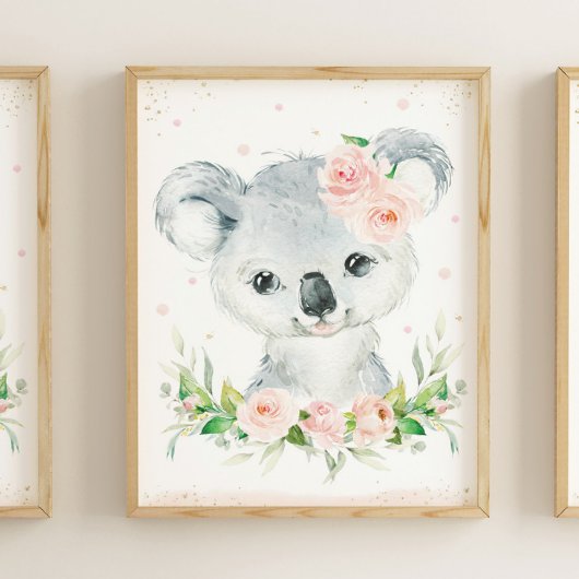Poster Aquarelle Adorable Koala Blush Pink Floral Wall