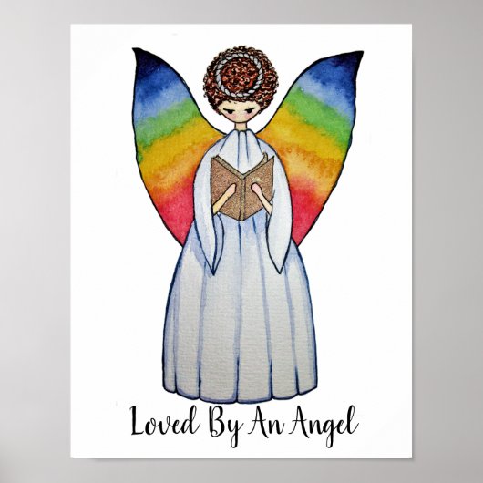 Poster Aquarelle Angel Avec Arcs-En-Ciel Lire Un Livre (Devant)