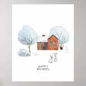 Poster Aquarelle Animaux d'hiver et maison (Devant)