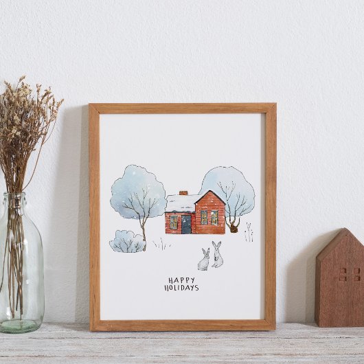 Poster Aquarelle Animaux d'hiver et maison