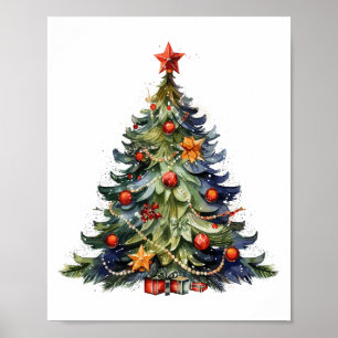 Poster Aquarelle Arbre de Noël, Cadeaux de Noël