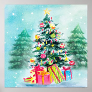 Poster Aquarelle Arbre de Noël décoré