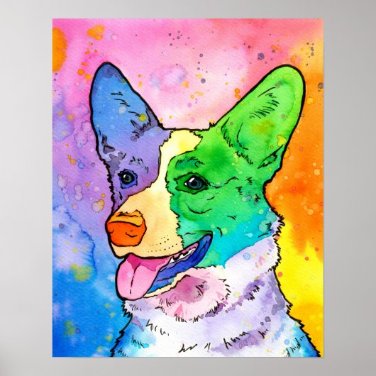 Poster Aquarelle arc-en-ciel adorable Corgi (Devant)