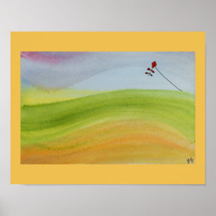 Poster Aquarelle arc-en-ciel paysage avec cerf-volant