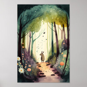 Poster Aquarelle art animal mignon dans la forêt magique