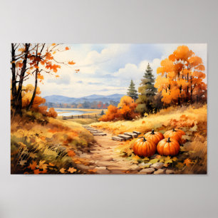 Poster Aquarelle Automne Citrouille de route en chute Feu