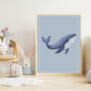 Poster Aquarelle baleine sur bébé Deep Blue Nursery Art