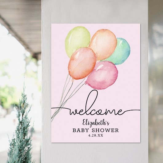 Poster Aquarelle Balloons Fille Baby shower Bienvenue