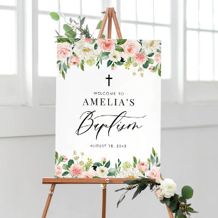 Poster Aquarelle Baptême Floral Blanc et Blush