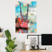 Poster Aquarelle Bateau de pêche au coucher du soleil (Bureau à domicile)