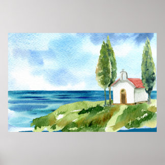 Poster Aquarelle Beach Coastal Ocean Church