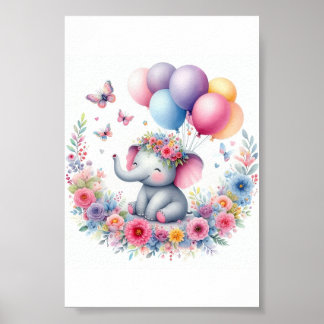 Poster Aquarelle Bébé Eléphant Avec Ballons Et Fleurs