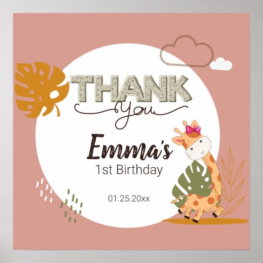 Poster Aquarelle bébé Giraffe, Safari Animaux Anniversair (Devant)