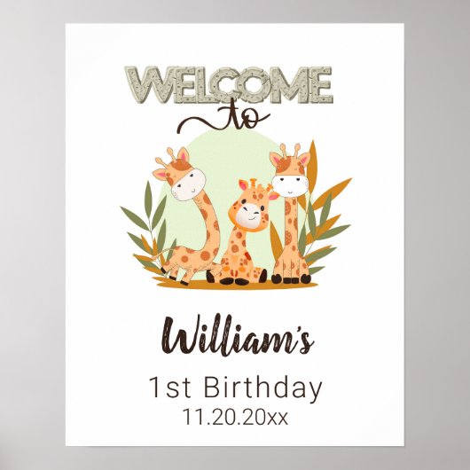 Poster Aquarelle bébé Giraffe, Safari Animaux Anniversair (Devant)