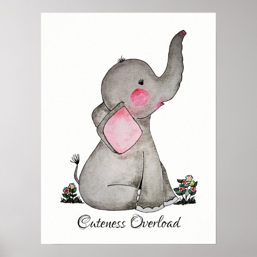 Poster Aquarelle Bébé mou Eléphant Avec Blush & fleurs (Devant)